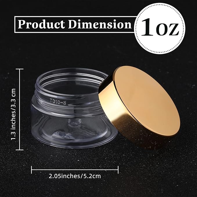 SATINIOR 12 Pack Plastic Container Jars with Lids Round Clear Travel Cosmetic Container Jars for Toiletries, Lotion, Cream, Ointments, Makeup, Rhinestone, Samples, Kitchen Storage(1 oz,Gold)