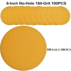 6-Inch No-Hole Hook and Loop Sanding Discs 180-Grit, Random Orbital Sandpaper for Automotive and Woodworking, 100-Pack