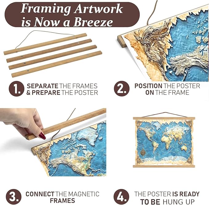 DACRI HOME 48" Sturdy Magnetic Poster Hanger Frame - Teak Wood Poster Frame, Strong Magnets for Safe Hanging Maps Pictures Print Scroll Wall Art (48 Inch, Natural Wood)