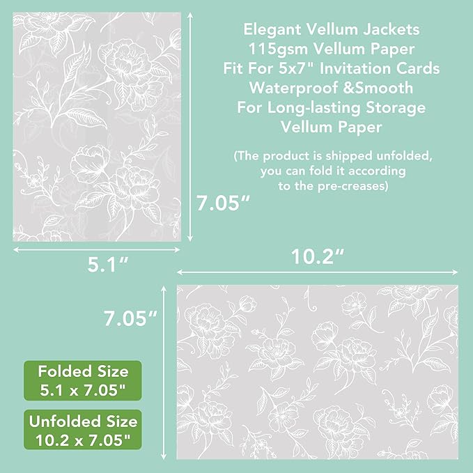 SWANGSA 50 Pack Vellum Jackets for 5x7 Invitations, Elegant White Rose Vellum Paper, 115GSM Translucent Invitation Sleeve Wraps for Wedding Bridal Baby Shower Birthday Envelopes