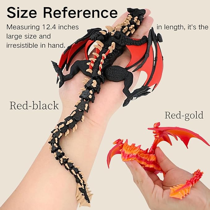 3D Printed Dragon - 12 inch Flying Flexible Dragon with Wings, Home Decor, Birthday Gift, Desk Pet(Red Black-Dragon)(Red Gold-Dragon)