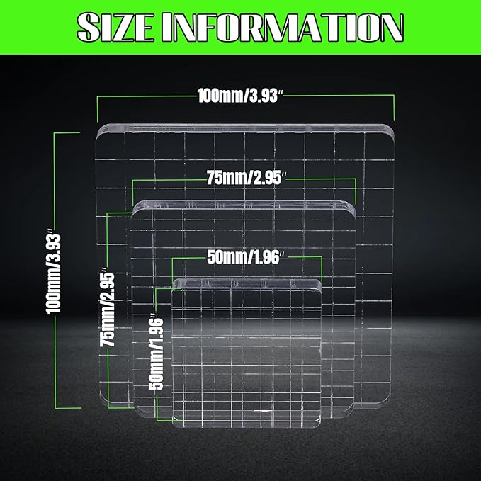 3Pcs Clear Stamp Blocks Set, Square Acrylic Blocks for Stamping With Grid Lines, Tools for Scrapbooking Crafts