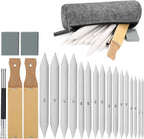 AGPTEK 22 PCS Sketch Drawing Tools, 16 Blending Stumps Set with 2 Sandpaper Pencil Sharpeners, 1 Pencil Extension Tool, 2 Erasers & 1 Felt Bag for Student Sketch Drawing Accessories