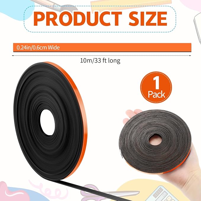 Magnetic Tape Roll Thin Strips, 1/4 Inch x 33 Feet Magnetic Board Dividers Whiteboard Graphic Decorative Tape Marking Line for Classroom Office Art Accessories(Orange)