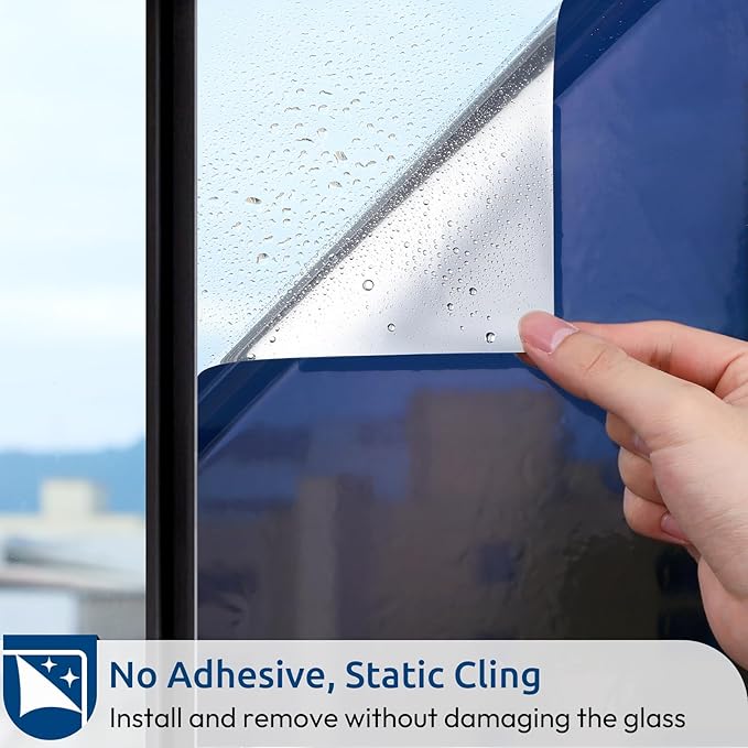 rabbitgoo Window Privacy Film One Way Window Tint for Home, Removable Reflective Heat Sun Blocking Anti UV Glass Door Covering, Mirror Tinting Film House Office, 35.4 in X 32.8 Feet, Blue Silver