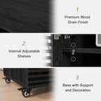 LEVNARY 5-Tier AV Media Cabinet with Grille Door & Adjustable Shelves, Modern Wooden Stereo Rack with Cable Management & Wheels, Audio Video Stand for Living Gaming Room Recording Studio (Black)