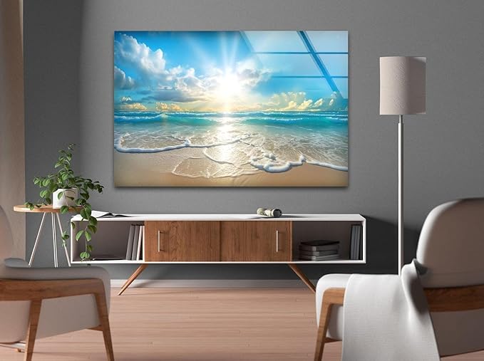 My Photostation.com 30Wx24H'' Beautiful Sunset & Ocean Glass Wall ArtTempered Glass Printing Wall Decor Large Wall Art Wall Hangings