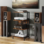 X-cosrack 4-Tier AV Media Stand with Power Strips, Wooden Corner Shelf Component Cabinet Stereo Audio Rack Stand Tower Perfect for DVD Players:Game Console:TV Box:Cable Box:Xbox:WiFi Router