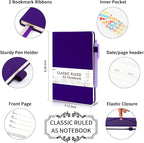 feela 5 Pack Journal Notebook Bulk for School, Hardcover Business Notebooks Classic Ruled Lined Journals with Pen Holder for Work Note Taking, with 5 Black Pens, 120 GSM, 5.1”x8.3”, A5, Purple