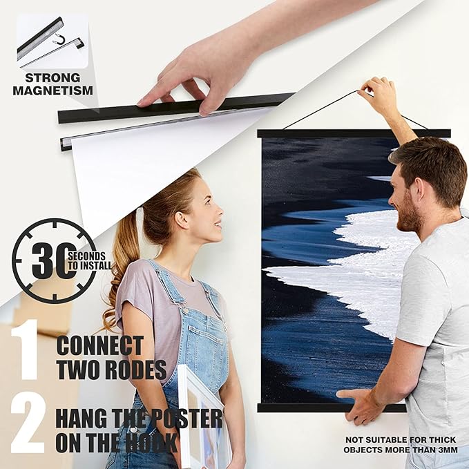 Ywlake Magnetic Poster Hanger, 20x28 20 x 30 20x24 Poster Frame Wood Wooden Magnet Print Posters Dowel Scroll Hanger Hangers Hanging Kit for Walls Map Canvas Artwork (Black, 20")