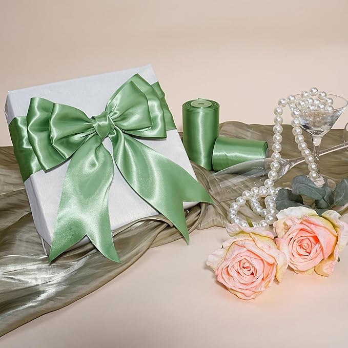 LaRibbons Sage Green Satin Ribbon 4 Inch 10 Yards Double Faced Luxury Light Green Silk Ribbon for Gift Wrapping Flower Bouquets Bow Christmas Wedding Party Decoration