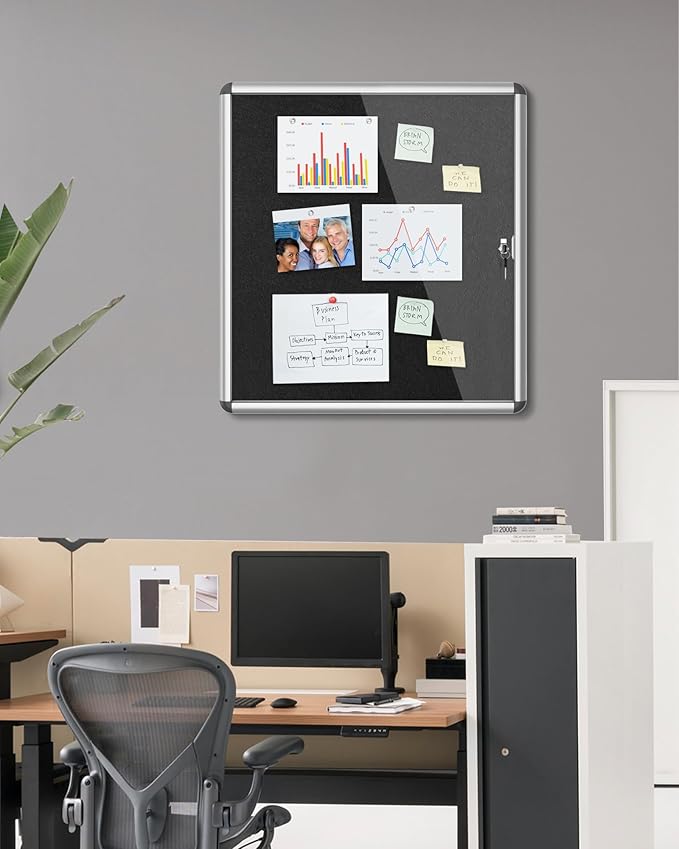 28"x26" Enclosed Bulletin Board, Lockable Weather-Resistant Aluminum Cork Noticeboard for School & Office, Silver Frame w/Black Flet