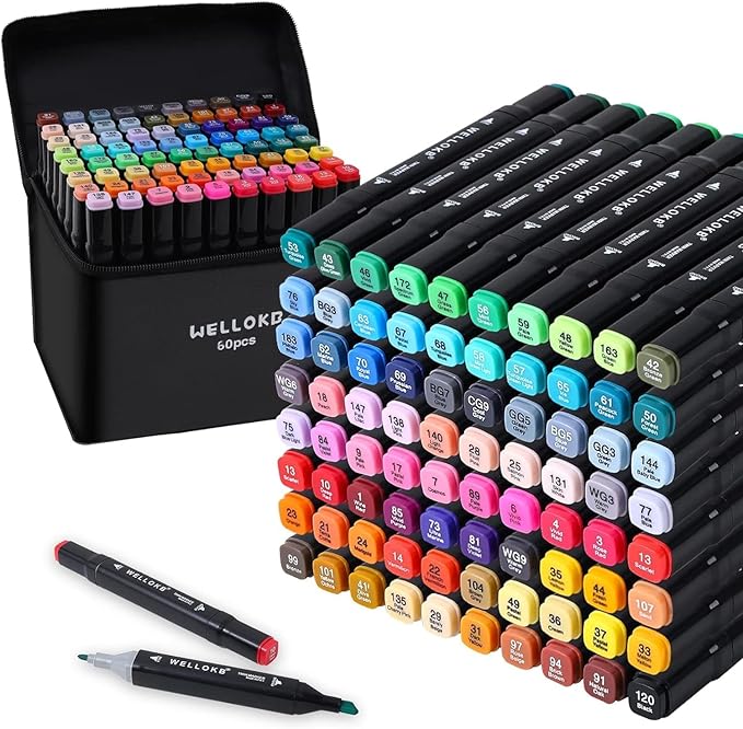 Alcohol Markers, 60 Colors Dual Tip Permanent Art Markers for Drawing,for Kids Adult Coloring, Alcohol, Based Ink Ideal for Book Painting and Card Making