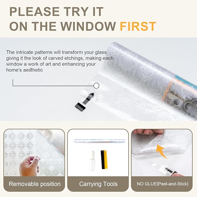 Window Privacy Film Decorative for Front Door, Bathroom Static Cling Stained Glass Sticker Opaque Heat Control UV Blocking Non-Adhesive for Home Windows 11.8x78.7inch