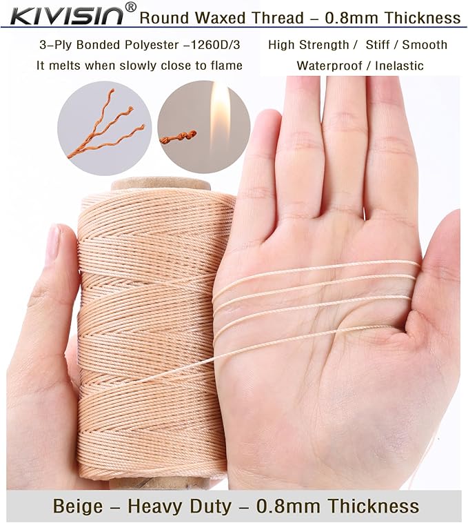 Bonded 0.8mm Round Waxed Polyester Cord, 3-ply Wax Coated Thread, 197 Yards Stiff String for Heavy Duty Fabric, Leather Sewing, Book Binding, Upholstery Repair, and Macrame Jewelry - Beige