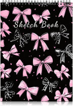 Cabreche Cute Sketchbook Top Spiral Bound Sketch Pad, 9 x 12 inch,100GSM Thick Paper,50 Sheets 100 Pages,Art Sketch Book Artistic Writing Drawing Paper for Girls Women Beginners-Black Pink Bowknot