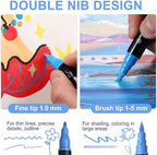 TOSAHRE Acrylic Paint Pens Markers 60 Colors Waterproof Dual Tip Acrylic Markers Set with Brush & Fine Tip Coloring Pens for Rock Painting Wood Scrapbook Fabric Glass Ceramic DIY Craft Art Supplies