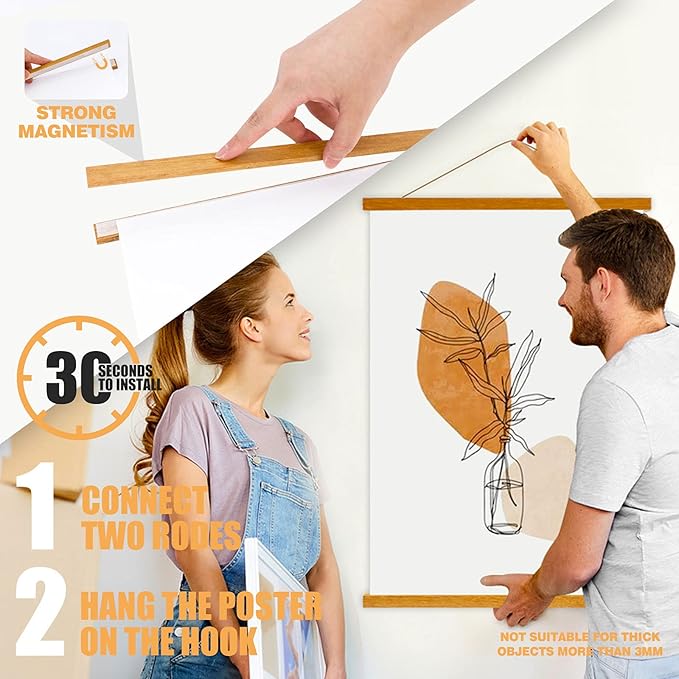 Ywlake Magnetic Poster Hanger, 19x27 19x13 19x25 Poster Frame Wood Wooden Magnet Print Posters Dowel Scroll Hanger Hangers Hanging Kit for Walls Map Canvas Artwork (Teak Wood, 19")