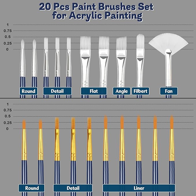 Paint Brushes Set, 20 Sizes Different Kids Painting Brushes Acrylic Paint Brush Set, Paint Brushes Bulk for Nail, Face Art, Craft, Rock Painting and School Project