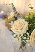 Floroom Artificial Flowers 25pcs Real Looking Creamy Yellow Foam Fake Roses with Stems for DIY Wedding Bouquets Bridal Shower Centerpieces Floral Arrangements Party Tables Home Decorations