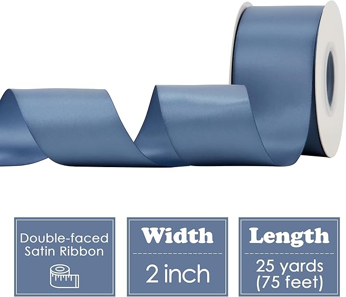 HUIHUANG Smoke Blue Ribbon 2 inch Wide Double-Faced Blue Satin Ribbon for Crafts, Bows Making, Flower Bouquet Wrap, Gift Wrapping, Wedding Bridal Shower Decor, Home Decor -25 Yards/Roll