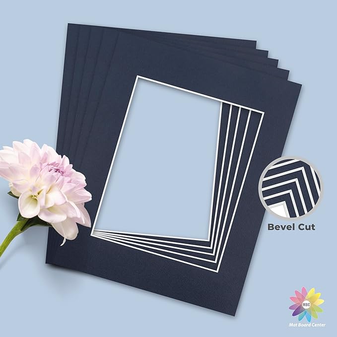 Mat Board Center, Pack of 10, 11x14 for 8x10 Dignity Blue Color Mats - Bevel Cut, Acid Free, 4-ply Thickness, White Core - for Pictures, Photos, Framing
