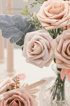 Floroom Artificial Flowers 25pcs Real Looking Morandi Peach Ombre Colors Foam Fake Roses with Stems for DIY Wedding Bouquets Bridal Shower Floral Centerpieces Party Tables Home Decorations