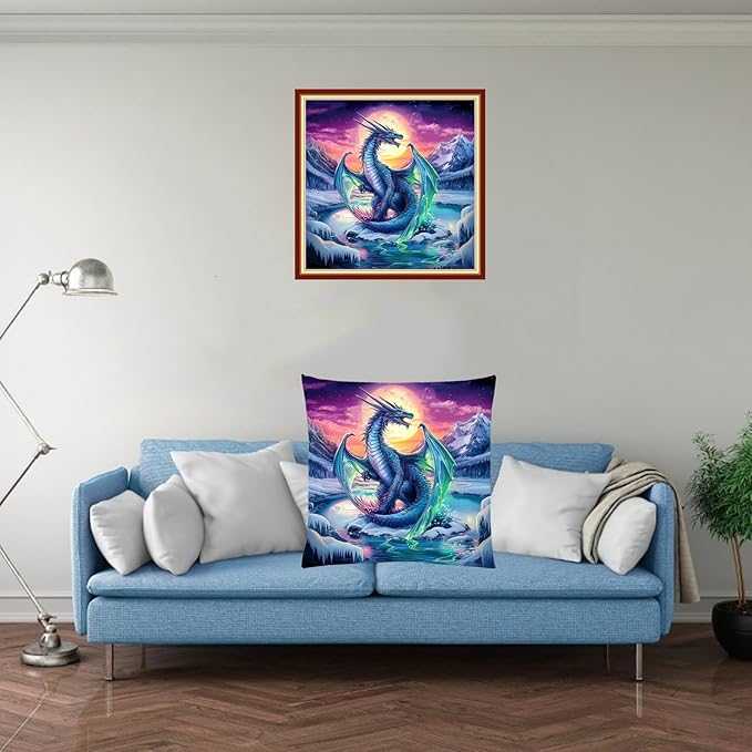 Fanxvivy Stamped Cross Stitch Kits for Adults Beginners Pillow Needlepoint Kit with Embroidery Pattern Needlework Kit Prestamped Stitches Kit 11CT Cross Stitching-Glacier Dragon 18x18 inch