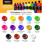 Nicpro 14 Colors Large Bulk Acrylic Paint Set (16.9 oz, 500 ml) Non Toxic Art Painting Supplies for Multi Surface Fabric Canvas Wood Leather Stone, Craft Paint for Kid & Adult with Color Wheel