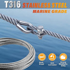 Stainless Steel Cable for Railing - 25FT 1/4" T316 Wire Rope with Clamps and Thimbles - 7 x 19 Strands 6700 LBS Breaking Strength for Outdoor Deck Railing Zipline