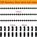 Jishi Steel Ball Chain Bead Dog Tag Chain Beaded Necklace Chains for Jewelry Making Bracelet Military Crafts, Silver Metal Pull Chain Small Ball Bead Chain Roll w/20 Connectors (Black, 33ft 2.4mm)