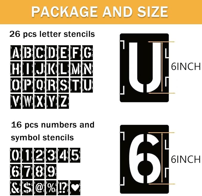 6 in Alphabet Number Stencils for Painting, 42 Pcs Reusable Letter Stencils for DIY Project Art Craft Spray Painting Templates Interlocking Stencil Kits for Wood Signs, Wall Art