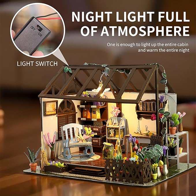 This DIY Miniature Building Set Helps You Create Your own Cozy Greenhouse with All The Furniture Included. It's Suitable for Adults and Teenagers and Makes a Great Gift for Halloween and Christmas.