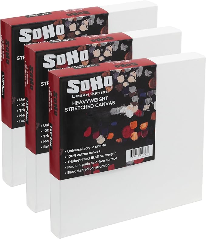 SoHo Urban Artist, 20x20 Heavyweight Stretched Cotton Canvas for Painting - 1.5" Deep- 3 Pack, Triple Primed, 100% Cotton Canvas, Archival, Universal Primed for Oil, Acrylic, Alkyd, Mixed Media