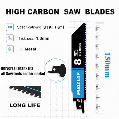 10 Pack 6 inch Reciprocating Saw Blades Set，8 TPI High Carbon Saw Blades for Metal ，Saw Blades with Organizer Case (10, 8T/6inch)