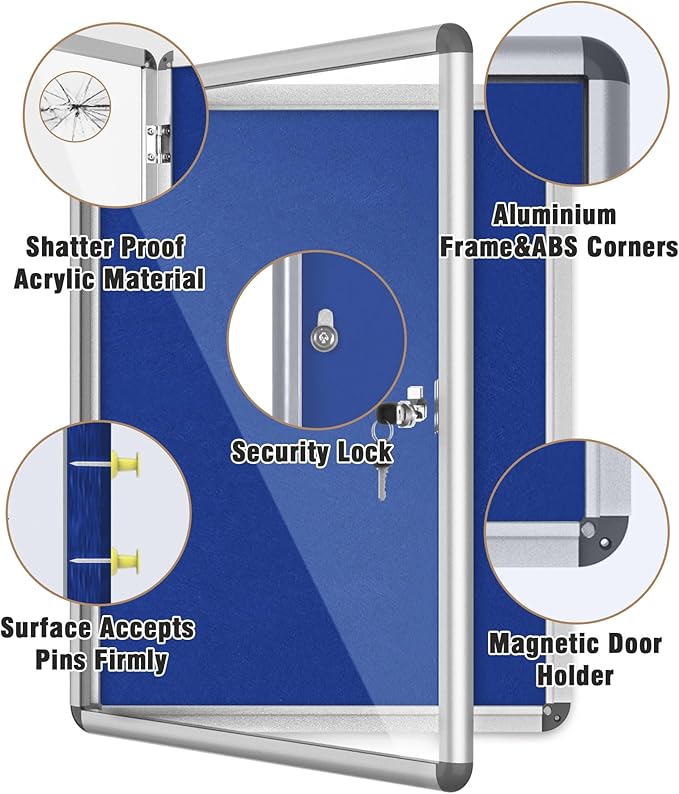 26"x20" Enclosed Bulletin Board, Lockable Weather-Resistant Aluminum Cork Noticeboard for School & Office, Silver Frame w/Blue Flet