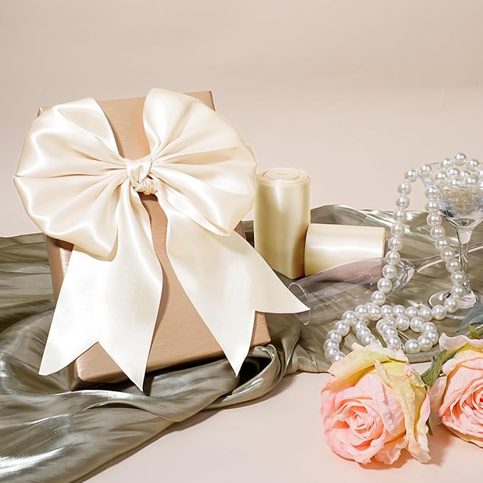 LaRibbons Nude Satin Ribbon 4 Inch 10 Yards Double Faced Luxury Nude Silk Ribbon for Gift Wrapping Flower Bouquets Bow Christmas Wedding Party Decoration