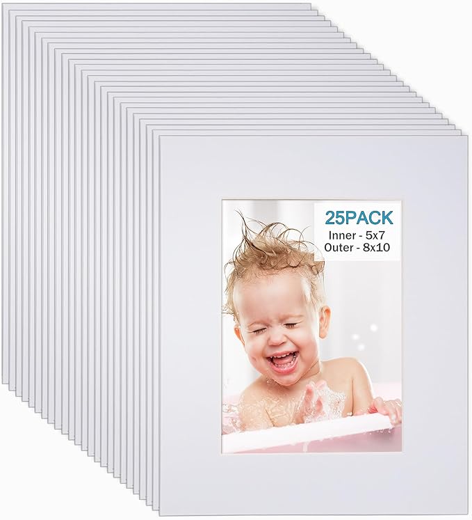 Egofine 8x10 White Picture Mats Pack of 25, Frame Mattes for 5x7 Pictures, Acid Free, 1.2mm Thickness, with Core Bevel Cut