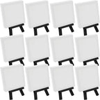 U.S. Art Supply 3" x 3" Stretched Canvas with 5" Mini Easel Kit (12 Pack) - Black Wooden A-Frame Tabletop Display Stand, Mini Easel Stand - Small Easels for Display, Small Canvases, Crafts, Photos