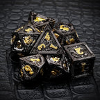 Haxtec Metal DND Dice Set Black Gold Metal D&D Dice with Fire-Breathing Dragon Elements & Leather Dice Bag Polyhedral Dice Compatible with Dungeons and Dragons TTRPG Gifts