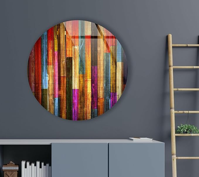 My Photostation.com 27.5''(70cm) Diameter Colorful Wood Pattern Round Glass Wall Art Tempered Glass Printing Wall Decor Large Wall Art Wall Hangings