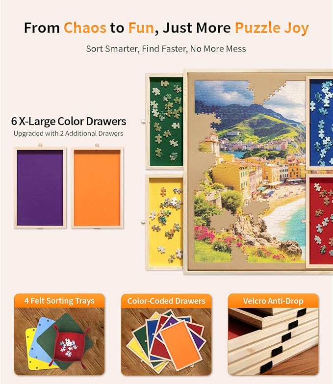 2000 Piece Rotating Puzzle Board Pro, 40" x 29" with 6 Drawers, Rubber Cover Mat, 360° Lasy Susan, Sort-Wise Colorful Felt Drawers & 4 Trays, Wooden Jigsaw Puzzle Table, Birthday Gifts for Mom
