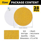 6-Inch 40-Grit Gold PSA Sanding Discs, 28 Pack – Pro-Grade Self-Adhesive Stickyback Sandpaper with Quick-Release Tabs for DA Sander, Coarse Automotive/Wood/Metal Sanding
