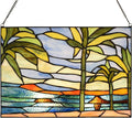 PA0006 Stained Glass Window Panel-14 Wx9.5 H Window Suncatcher Tiffany Style Ornament,Tropical Palm Trees Home Hanging Decorations