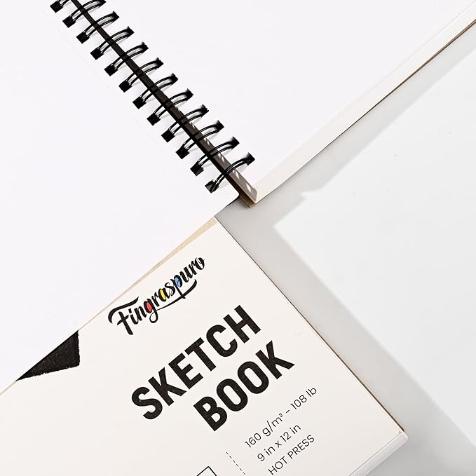 Fingraspuro 9"x12" Sketch Book, 100 Sheets, 108lb/160gsm, Top Spiral Bound Sketch Pad, Art Supplies, Sketchbook for Drawing, Acid-Free Hot Press Drawing Pad, Suitable for Various Art Tools