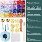 Wax Seal Kit with 24 Colors Wax Seal Beads 600pcs, 6PCS Wax Seal Stamps, Electric Sealing Wax Warmer, Envelopes and Wax Seal Metallic Pen for Gift and Decoration (Cartoon)