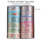 12 Rolls Floral Washi Tape Set, Gold Foil Flower Washi Tape, Botanical Washi Tape for Scrapbooking, Bullet Journal, Planner, DIY Crafts, Gift Wrapping