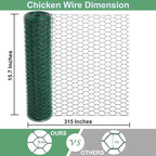 Chicken Wire 15.7 x 315 Inches Chicken Wire Fencing Mesh Green PVC Coated Floral Chicken Wire for Crafts Poultry Garden, Hexagonal Galvanized Chicken Coop Rabbit Wire Fencing Netting