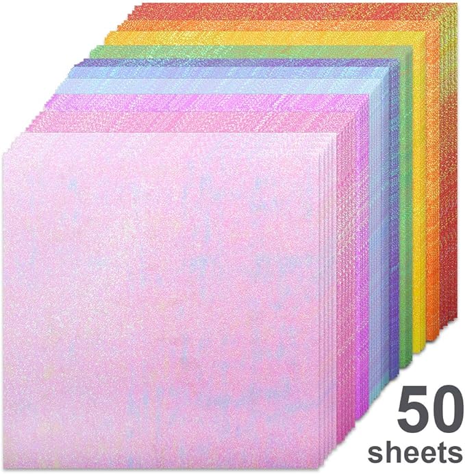 UCEC 50 Sheet Shiny Origami Paper 10 Colors Square Iridescent Origami Paper, Decoration Glitter Square Folding Papers for Kids Arts & Crafts Projects