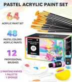 64 PCS Pastel Acrylic Paint Set with 12 Brushes, 2 Knives & Palette, 48 Colors (2oz/60ml) Art Craft Paint for Adults Kids Artists Beginners, Halloween Pumpkin Canvas Ceramic Rock Painting Kit